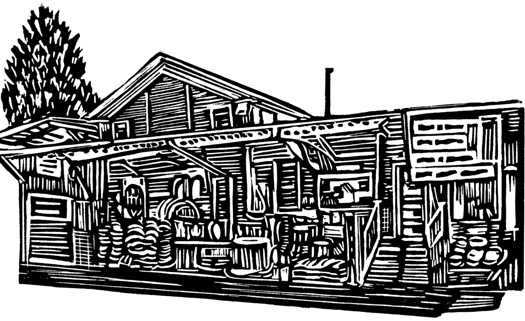 Handmade block print of store exterior